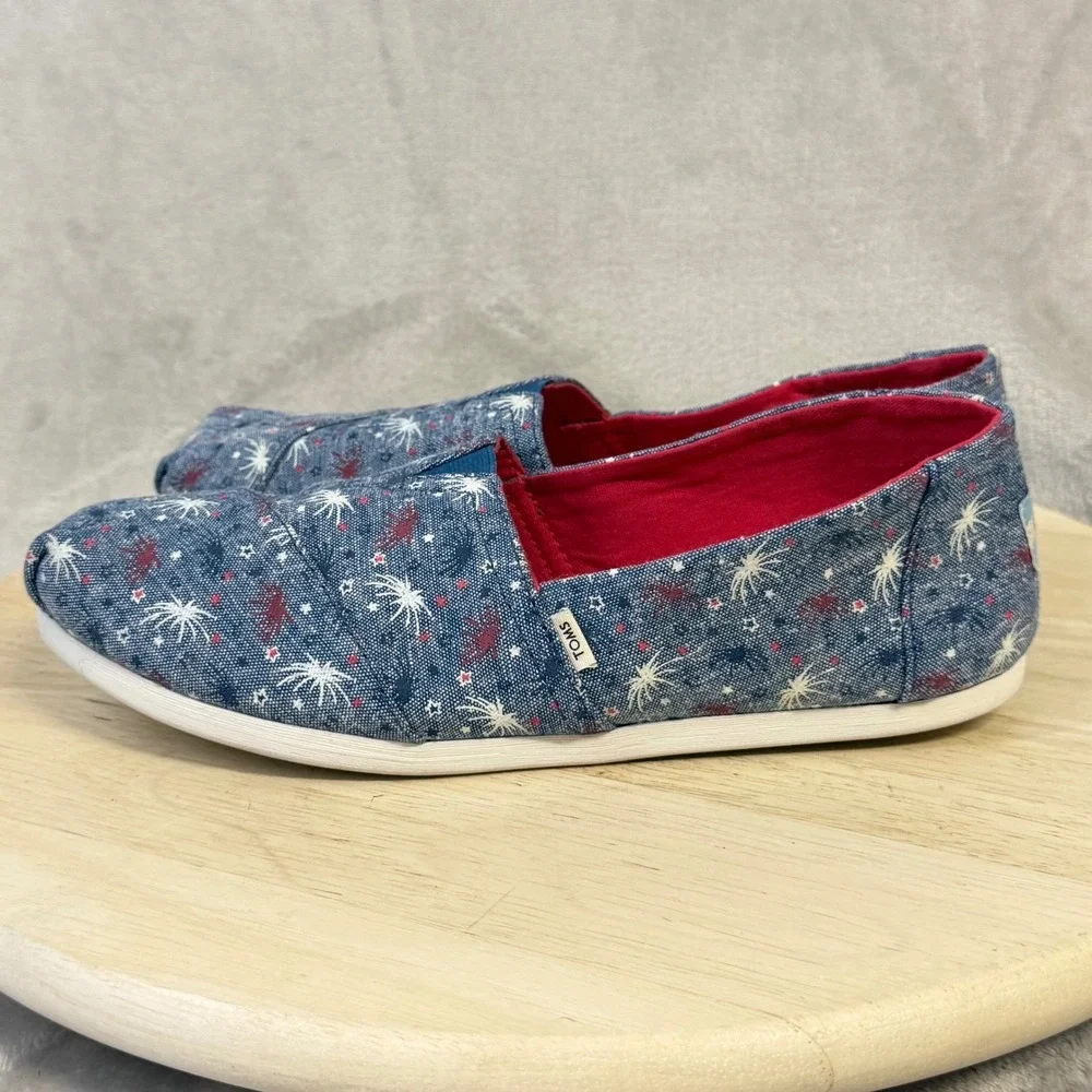 TOMS Womens 9.5 Blue Firework Patriotic Fourth of July Alpargata Slip On Shoes